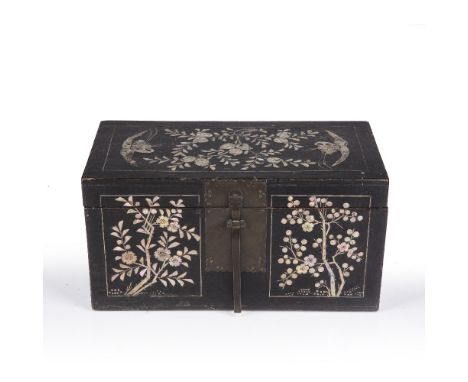 Lacquer and mother of pearl box Korean, Joseon dynasty having panels of peaches and herons to the top and further panels to t
