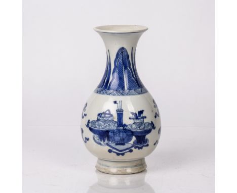 Blue and white pear shaped bottle vase Chinese, Kangxi period (1662-1722) decorated to the body with scholars items and plant