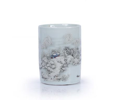 Painted ceramic brush potChinese, 20th centurydecorated to the body with a snowy landscape, signed to the exterior and iron r