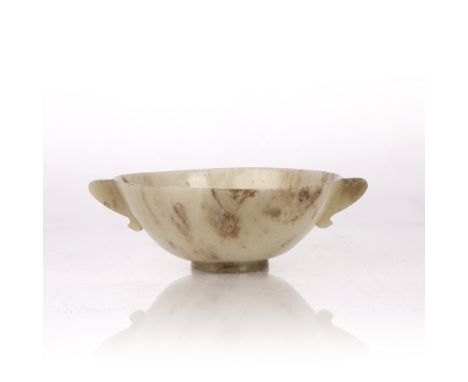 Mutton fat and grey mottled jade bowl Chinese, 19th Century of translucent colour, with two solid ear shaped handles 14.5cm x