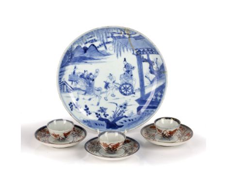 Three export miniature tea bowls and saucers Chinese, early 19th Century painted in the Imari palette, and a Chinese blue and