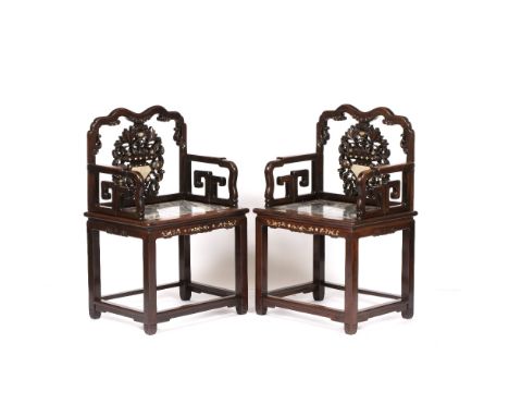 Pair of hardwood and marble armchairs Chinese, late 19th Century each with marble panel inset seats, smaller marble and mothe