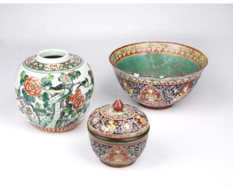 Two Bencharong ceramic wares Chinese made for the Thai market, comprising of a lidded bowl decorated to the exterior with cel
