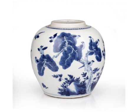Blue and white jar Chinese, Kangxi period decorated to the exterior with birds perched on line trees, the base with a double 