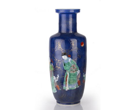 Powder-blue ground rouleau vase Chinese, Kangxi period (1662-1722) decorated in colourful enamels depicting two figures in a 