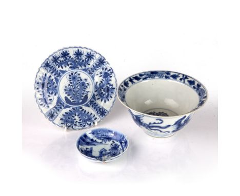 Group of blue and white porcelain Chinese, Kangxi and later to include a Kangxi mark and period fish with floral motifs to th