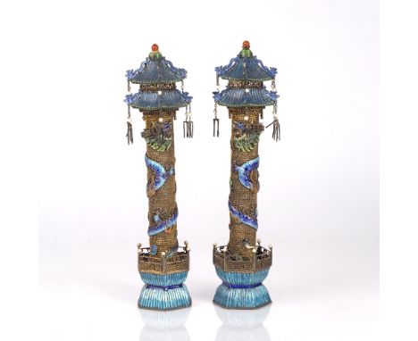 Pair of gilt metal and enamel column pagodas Chinese, 19th Century each of hexagonal form, with pearl mounted hanging lantern