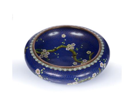 Blue cloisonne bowl Chinese, 20th Century with flowering blossom and ruyi border, 31cm x 9cm Condition: light scratches to su