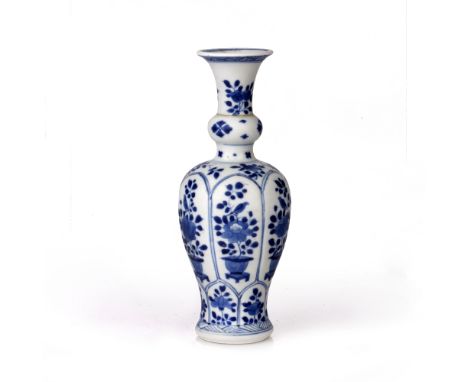 Blue and white slender vase Chinese, Kangxi period (1662-1722) decorated to the body with panels of flowers and birds, the va