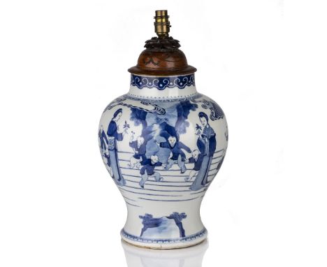 Blue and white porcelain vase Chinese, 19th Century painted with a garden scene of children playing around some Long Eliza ty