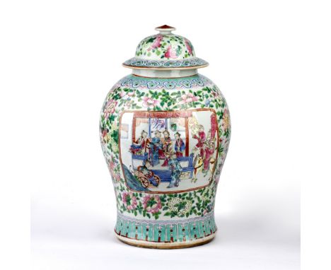 Canton famille verte porcelain vase and cover Chinese, 19th Century painted in enamels with a panel of courtiers, within a bo