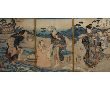 Utagawa Kuniyoshi (1798-1868)  'Chofu Crystal River' Japanese woodblock triptych, circa 1850, each panel measures 36cm x 24cm