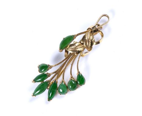 Jade spray brooch designed as a foliate and wirework spray terminating with jade cabochons, stamped '14k' (jade untested for 