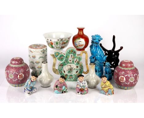 Group of ceramics Chinese including a famille verte calligraphy teapot, 20cm high, a famille verte painted bowl with painted 