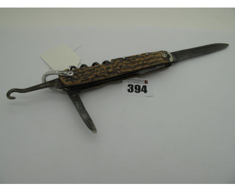 Clements - Sheffield; A Pocket Knife, with stag scales, two blades, six tools and lanyard ring, 11.5cm closed.