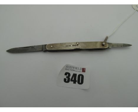 Sampson Morden: A Hallmarked Silver Two Blade Knife, with with engine turned scales and lanyard ring, 6.5cm closed.