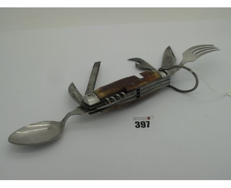 A Pocket Knife; Comprising, multi-function blade, spoon, saw, sickle, nail file, corkscrew, spike, bottle opener, fork and la