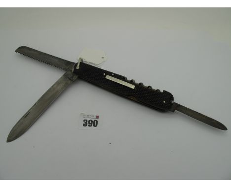 Army &amp; Navy C.S.L; A Pocket Knife, with horn chequered scales and brass linings, single blade, saw, corkscrew, awl, tweez