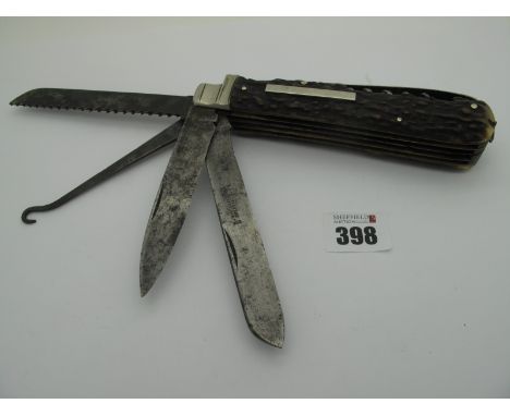 J. Nowill &amp; Sons; A Horseman's Knife, with two blades and ten tools, stag scales, nickel silver bolster, 16cm closed.