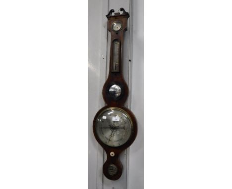 A 19TH CENTURY MAHOGANY CASED WHEEL BAROMETER with silvered dial