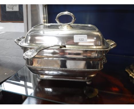 A LARGE PLATED SOUP TUREEN AND LID with ladle 