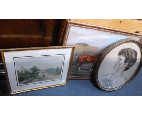 A NAIVE VICTORIAN WATERCOLOUR, 'Steyning, Sussex', a pastel portrait of a woman, and a similar horse (3)