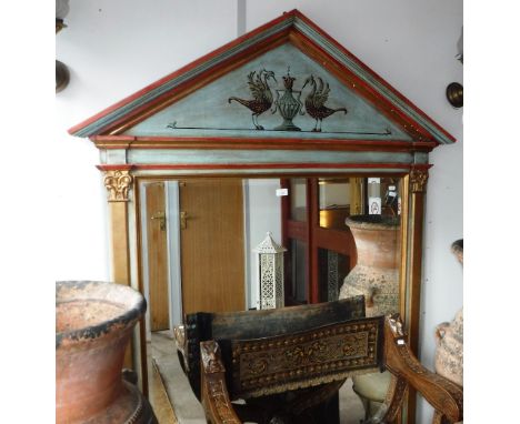 A LARGE OVERMANTEL MIRROR OF ARCHITECTURAL FORM, The frame decorated in gilt and aged blue painted frame 72.5" high x 48" wid