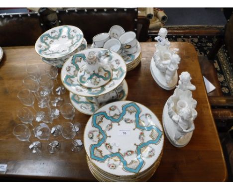 A 19TH CENTURY PORCELAIN DESSERT SERVICE with turquoise, gilt and floral decoration, a set of Orrefors sherry glasses, a pair