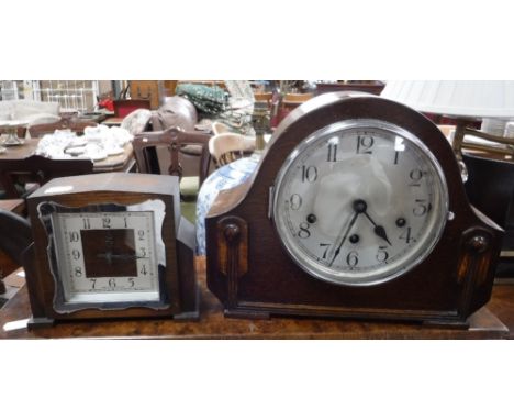 AN OAK-CASED ART DECO STYLE MANTEL CLOCK and another similar