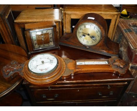 AN ART DECO STYLE OAK-CASED SMITH'S ELECTRIC CLOCK, a 'Napoleon Hat' clock and an aneroid barometer