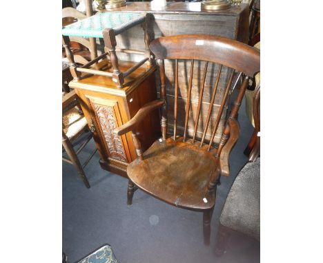 AN EDWARDIAN WALNUT POT CUPBOARD, an elm stick-back chair (cut down) and a stool (3)