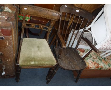 A 19TH CENTURY STICK-BACK KITCHEN ARMCHAIR and a Regency dining chair