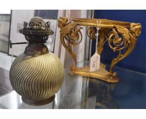 AN ELKINGTON & CO GILT METAL BASIN STAND and a small oil lamp