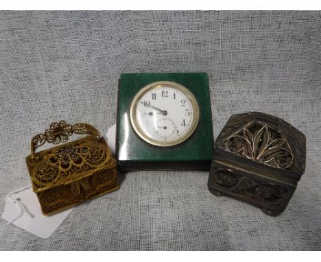 A DRESSING TABLE CLOCK and two filigree worked miniature boxes (3)