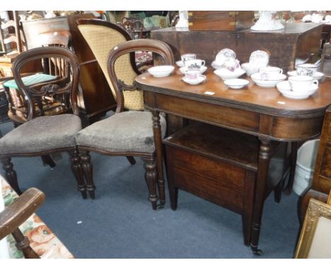 A REGENCY MAHOGANY FOLD OVER TOP TEA TABLE, a 19th century commode and two Victorian dining chairs