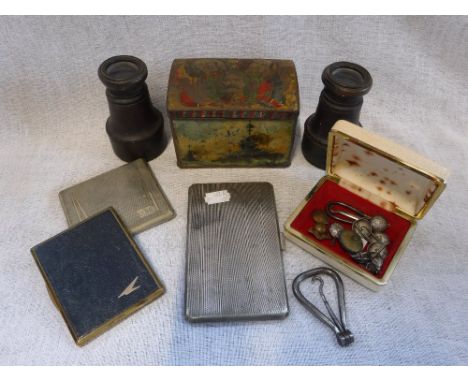 A QUANTITY OF ASSORTED ITEMS including a vintage tin, cigarette cases and other items