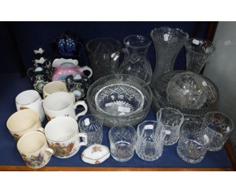 AN EDWARDIAN CERAMIC CASED CLOCK, a collection of Commemorative ceramics and glassware