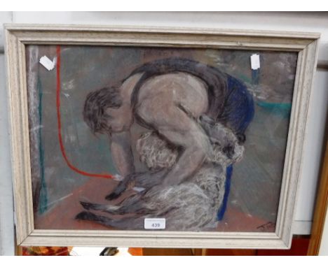 A COLOURED CHALK DRAWING of a sheep-shearer, initialled J R O