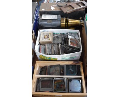 A COLLECTION OF ASSORTED MAGIC LANTERN SLIDES, and a tinplate and brass Magic Lantern 'The Euphaneron'