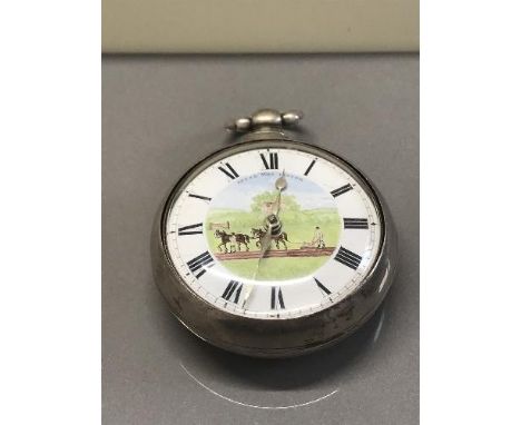 SILVER GEORGIAN VERGE WATCH WORKING DIAL PAINTED SPEED THE PLOUGH