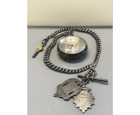 BEAUTIFUL EXAMPLE SILVER HALLMARKED POCKET WATCH WITH ALBERT CHAIN KEY AND FOBS