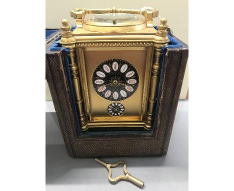 BEAUTIFUL QUALITY 1/2 HOUR STRIKING REPEATING ALARM CARRIAGE CLOCK WORKING ORIGINAL BOX AND KEY