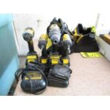 (4) Dewalt Screwdrivers, (3) Batters & Chargers, & Bags