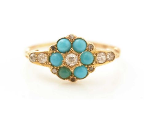 An Edwardian diamond and turquoise cluster ring, set with old and rose cut diamonds, in 18ct yellow gold shank, hallmarked fo