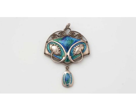 Murrle Bennett &amp; Co: a silver and enamel Arts and Crafts pendant, with water lily design, stamped 'MB Co 950', 5cms high.