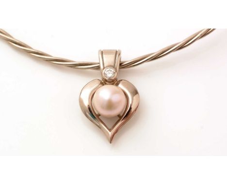 A diamond, pearl and 18ct white gold pendant, the stylized heart centred by pink cultured pearl set below a brilliant cut dia