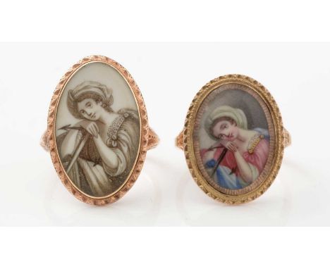 Two early 19th Century miniature set rings, each with a miniature portrait of Hope, one in colour, the other in black and whi