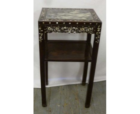 Oriental hardwood display stand, rectangular with mother of pearl inlays and stone inset to the top on four rectangular legs