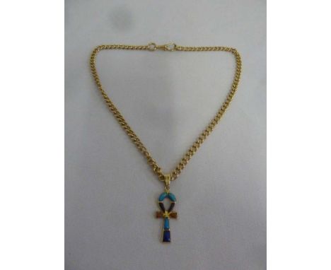 18ct gold chain with decorative Egyptian style enamel pendant