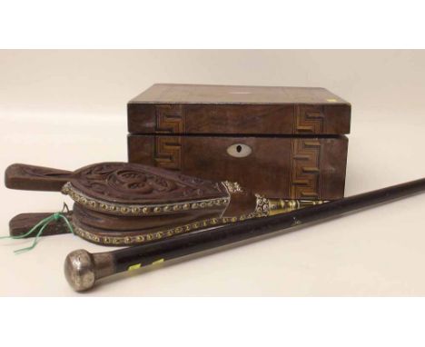 Walnut jewellery box, walking stick with silver top and a pair of bellows. Condition report: see terms and conditions